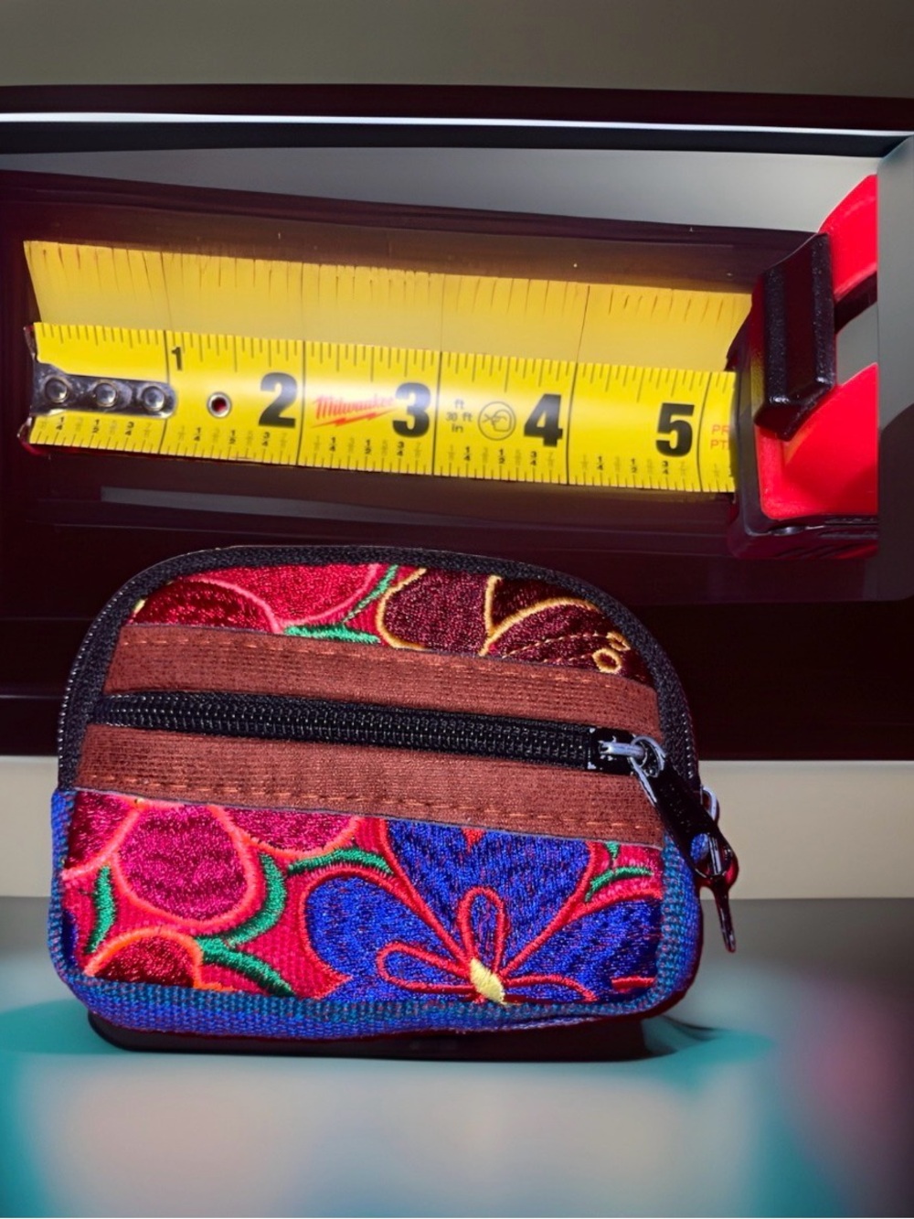 Colorful Embroidered Small Wallet Coin Purse - Brown Trim
